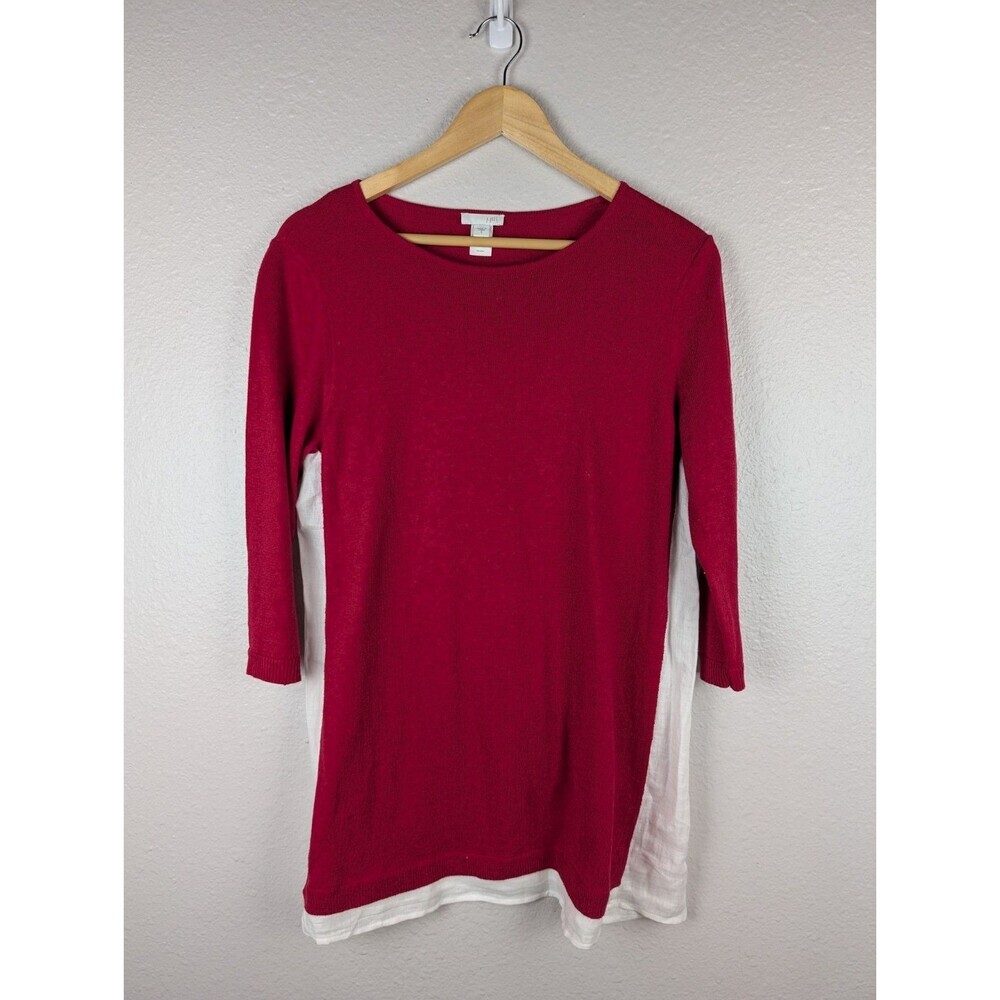 J Jill Linen Sweater Tunic Top Sz Small 3/4 Sleeve White Side Panel Hem Red 179